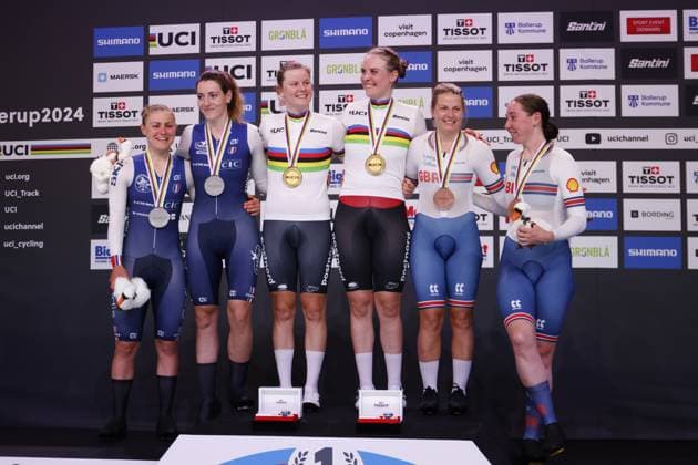 Tissot Track cycling, Rad, Radsport, Bahnrad, Bahn World Championship, WM, Weltmeisterschaft - Ballerup, Copenaghen, WomenâÂÄ™s Madison Final - Dideriksen Amalie, Leth Julie, Denmark - Berteau Victorie, Borras Marion, Fracnce - Evans Neah, Archibald Katie, Great Britain during Tissot 2024 Track World Championships, Track cycling race in Copenhagen, Denmark, October 19 2024 Copyright: xStefanoxCavasino IPAxSportx xipax xx IPA_50740182 IPA_Agency_IPA50740182
