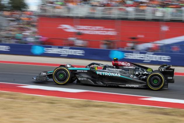AUSTIN, TX - OCTOBER 19: Mercedes AMG Petronas F1 Team driver Lewis Hamilton (44) of the United Kingdom speeds through turn 19 during the Sprint Race of the Formula 1 Pirelli United States Grand Prix on October 19, 2024, at Circuit of The Americas in Austin, Texas. (Photo by David Buono Icon Sportswire) AUTO: OCT 19 F1 Pirelli United States Grand Prix EDITORIAL USE ONLY Icon2410191041