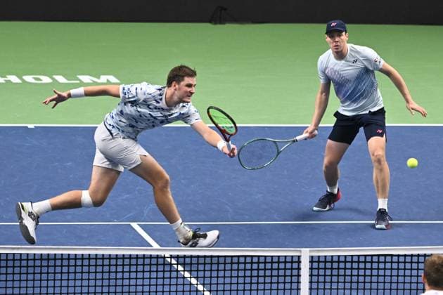 STOCKHOLM, SWEDEN 20241019 Henry Patten L of Great Britain and Harri Helivaara of Finland in action during the semi final BNP Paribas Nordic Open ATP tennis doubles match against Tallon Griekspoor and Bart Stevens of the Netherlands at the Royal Tennis Hall, in Stockholm, Sweden, on Oct 19, 2024 STOCKHOLM SWEDEN x10090x  Copyright: xClaudioxBresciani TTx SWEDEN TENNIS NORDIC OPEN