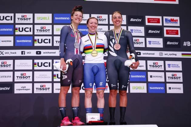 Tissot Track cycling, Rad, Radsport, Bahnrad, Bahn World Championship, WM, Weltmeisterschaft - Ballerup, Copenaghen, WomenâÂÄ™s Individual Pursuit, Morris Anna, Great Britain - Dygert Chloe, Usa - Botha Bryony, New Zealand& xA; during Tissot 2024 Track World Championships, Track cycling race in Copenhagen, Denmark, October 19 2024 Copyright: xStefanoxCavasino IPAxSportx xipax xx IPA_50743835 IPA_Agency_IPA50743835