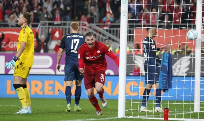 2 0 FCK by Luca Sirch 31, FC Kaiserslautern right , Goal celebration 19 10 2024, Soccer, 2 Bundesliga, FC Kaiserslautern SC Paderborn 07, Matchday 9, Season 2024 25, Fritz Walter Stadion, Kaiserslautern, Germany, zmdz, DFB DFL regulations prohibit any use of photographs as image sequences and or quasi video FC Kaiserslautern SC Paderborn 07