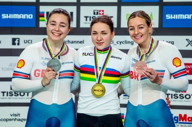 241019 Sophie Capewell of Great Britain, Iana Burlakova and Katy Marchant of Great Britain celebrates after Women s 500m Time Trial Final during day 4 of the 2024 UCI Tissot Track Cycling World Championships on October 19, 2024 in Ballerup Photo Christian Örnberg BILDBYRAN COP 166 CO0481 cykling cycling sykling cykel vm cykel2024 uci tissot track cycling world championships wc 2024 uci tissot track cycling world championships 4 bbeng grappa33 jubel  Copyright: CHRISTIANxÖRNBERG BB241019CO144