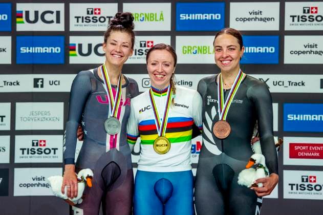 241019 Chloe Dygert of United States, Anna Morris of Great Britain and Bryony Botha of New Zealand celebrates after Women s Individual Pursuit Final during day 4 of the 2024 UCI Tissot Track Cycling World Championships on October 19, 2024 in Ballerup Photo Christian Örnberg BILDBYRAN COP 166 CO0481 cykling cycling sykling cykel vm cykel2024 uci tissot track cycling world championships wc 2024 uci tissot track cycling world championships 4 bbeng grappa33  Copyright: CHRISTIANxÖRNBERG BB241019CO148