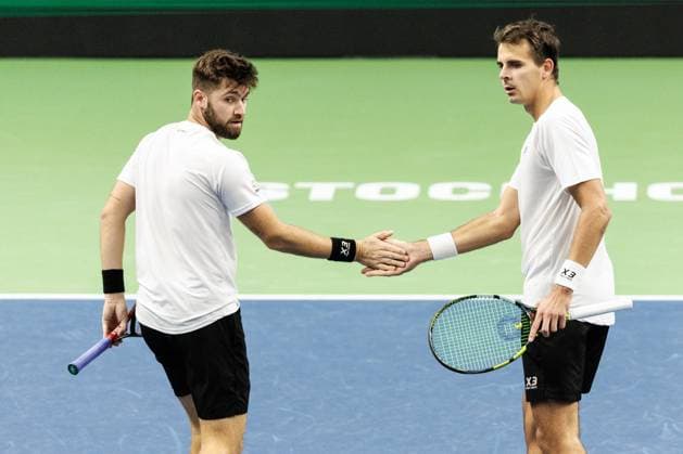 241020 Petr Nouza of and Patrik Rikl of Czech Republic celebrate while competing in the men™s double final during day 9 of the ATP 250 Nordic Open on October 20, 2024 in Stockholm Photo Michael Campanella BILDBYRAN COP 313 MC0109 tennis atp 250 nordic open day 9 finals bbeng jubel  Copyright: MICHAELxCAMPANELLA BB241020MC003