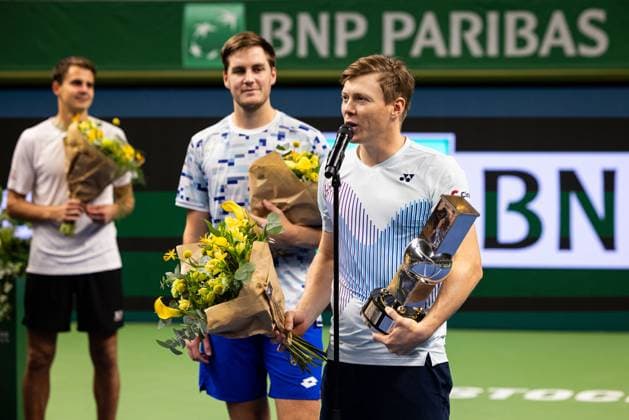 241020 Winner™s Harri Heliövaara of Finland and Henry Patten of the United Kingdom lift the trophy after the Men™s Doubles final on day 9 of the ATP 250 Nordic Open on October 20, 2024 in Stockholm Photo Michael Campanella BILDBYRAN COP 313 MC0109 tennis atp 250 nordic open day 9 finals bbeng  Copyright: MICHAELxCAMPANELLA BB241020MC043