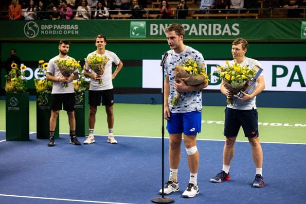 241020 Winner™s Henry Patten of the United Kingdom and Harri Heliövaara of Finland lift the trophy after the Men™s Doubles final on day 9 of the ATP 250 Nordic Open on October 20, 2024 in Stockholm Photo Michael Campanella BILDBYRAN COP 313 MC0109 tennis atp 250 nordic open day 9 finals bbeng  Copyright: MICHAELxCAMPANELLA BB241020MC044