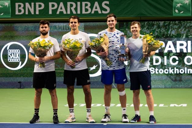 241020 Second place Patrik Rikl and Petr Nouza of Czech Republic and first place winner™s Henry Patten of the United Kingdom and Harri Heliövaara of Finland pose for a picture after the Men™s Doubles final on day 9 of the ATP 250 Nordic Open on October 20, 2024 in Stockholm Photo Michael Campanella BILDBYRAN COP 313 MC0109 tennis atp 250 nordic open day 9 finals bbeng  Copyright: MICHAELxCAMPANELLA BB241020MC045