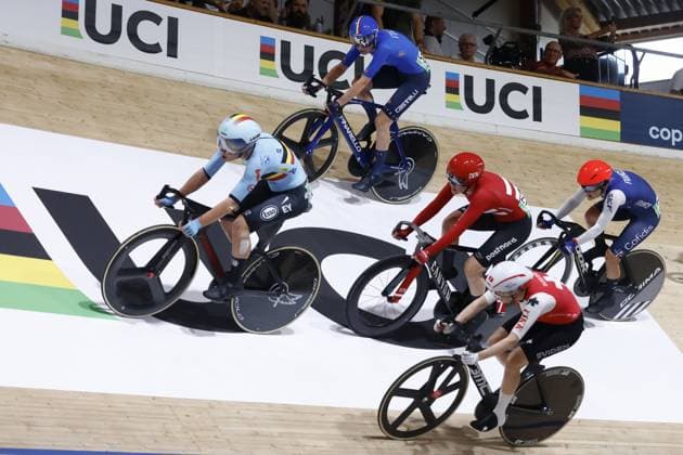 Tissot Track cycling, Rad, Radsport, Bahnrad, Bahn World Championship, WM, Weltmeisterschaft - Ballerup, Copenaghen, Den- 20 -10-2024 - WomenâÂÄ™s Points Race - Lotte kopecky - Leth Julie - Andres Michelle - Berteau Victorie - Alzini Martina during Tissot 2024 Track World Championships, Track cycling race in Copenhagen, Denmark, October 20 2024 Copyright: xStefanoxCavasino IPAxSportx xipax xx IPA_50775669 IPA_Agency_IPA50775669