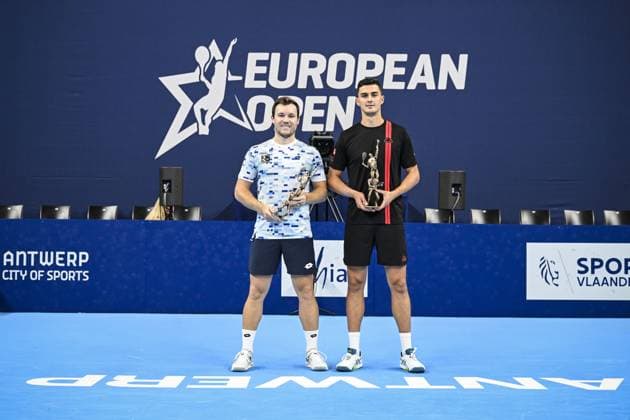 Austrian Lucas Miedler and Austrian Alexander Erler celebrate winning a tennis match in the finals of the doubles competition at the ATP, Tennis Herren European Open Tennis tournament in Antwerp, Sunday 20 October 2024. TOM GOYVAERTS TomxGoyvaerts  x103095017x