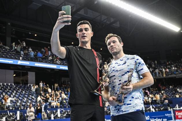 Austrian Alexander Erler, Austrian Lucas Miedler and celebrate after winning a tennis match in the finals of the doubles competition at the ATP, Tennis Herren European Open Tennis tournament in Antwerp, Sunday 20 October 2024. TOM GOYVAERTS TomxGoyvaerts  x103095230x