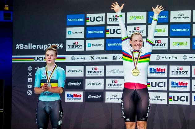 241020 Lotte Kopecky of Belgium and Julie Leth of Denmark celebrates after Women s Points Race during day 5 of the 2024 UCI Tissot Track Cycling World Championships on October 20, 2024 in Ballerup Photo Christian Örnberg BILDBYRAN COP 166 CO0482 cykling cycling sykling cykel vm cykel2024 uci tissot track cycling world championships wc 2024 uci tissot track cycling world championships 5 bbeng grappa33 jubel  Copyright: CHRISTIANxÖRNBERG BB241020CO025