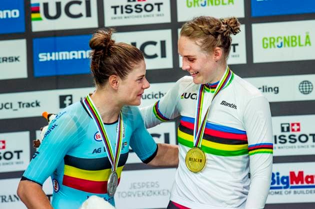 241020 Lotte Kopecky of Belgium and Julie Leth of Denmark celebrates after Women s Points Race during day 5 of the 2024 UCI Tissot Track Cycling World Championships on October 20, 2024 in Ballerup Photo Christian Örnberg BILDBYRAN COP 166 CO0482 cykling cycling sykling cykel vm cykel2024 uci tissot track cycling world championships wc 2024 uci tissot track cycling world championships 5 bbeng grappa33 jubel  Copyright: CHRISTIANxÖRNBERG BB241020CO030