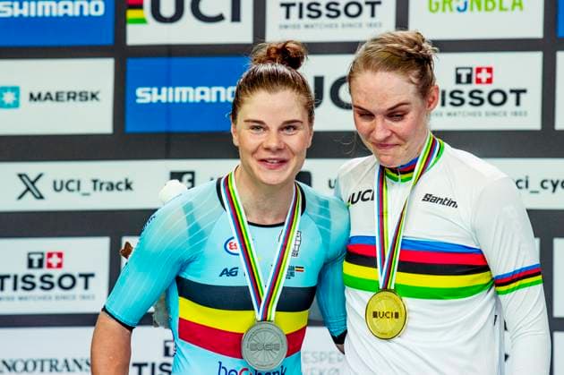 241020 Lotte Kopecky of Belgium and Julie Leth of Denmark celebrates after Women s Points Race during day 5 of the 2024 UCI Tissot Track Cycling World Championships on October 20, 2024 in Ballerup Photo Christian Örnberg BILDBYRAN COP 166 CO0482 cykling cycling sykling cykel vm cykel2024 uci tissot track cycling world championships wc 2024 uci tissot track cycling world championships 5 bbeng grappa33 jubel  Copyright: CHRISTIANxÖRNBERG BB241020CO031