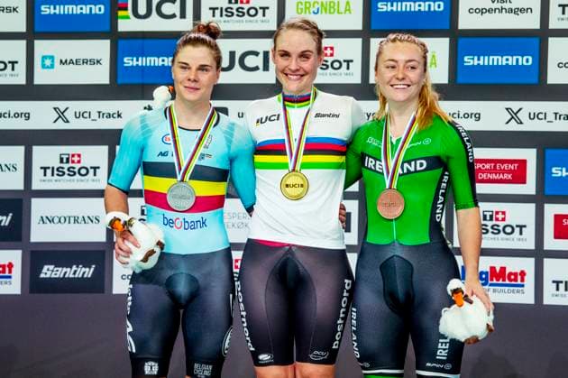 241020 Lotte Kopecky of Belgium, Julie Leth of Denmark and Lara Gillespie of Ireland celebrates after Women s Points Race during day 5 of the 2024 UCI Tissot Track Cycling World Championships on October 20, 2024 in Ballerup Photo Christian Örnberg BILDBYRAN COP 166 CO0482 cykling cycling sykling cykel vm cykel2024 uci tissot track cycling world championships wc 2024 uci tissot track cycling world championships 5 bbeng grappa33 jubel  Copyright: CHRISTIANxÖRNBERG BB241020CO032