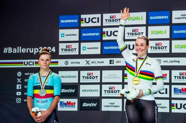 241020 Lotte Kopecky of Belgium and Julie Leth of Denmark celebrates after Women s Points Race during day 5 of the 2024 UCI Tissot Track Cycling World Championships on October 20, 2024 in Ballerup Photo Christian Örnberg BILDBYRAN COP 166 CO0482 cykling cycling sykling cykel vm cykel2024 uci tissot track cycling world championships wc 2024 uci tissot track cycling world championships 5 bbeng grappa33 jubel  Copyright: CHRISTIANxÖRNBERG BB241020CO036