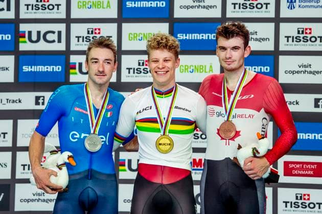 241020 Elia Viviani of Italy, Tobias Aagaard Hansen of Denmark and Dylan Bibic of Canada celebrates after Mens Elimination Race during day 5 of the 2024 UCI Tissot Track Cycling World Championships on October 20, 2024 in Ballerup Photo Christian Örnberg BILDBYRAN COP 166 CO0482 cykling cycling sykling cykel vm cykel2024 uci tissot track cycling world championships wc 2024 uci tissot track cycling world championships 5 bbeng grappa33  Copyright: CHRISTIANxÖRNBERG BB241020CO042