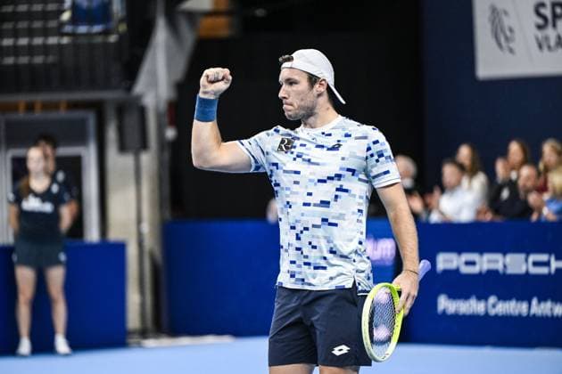 Austrian Lucas Miedler celebrates during a tennis match in the finals of the doubles competition at the ATP, Tennis Herren European Open Tennis tournament in Antwerp, Sunday 20 October 2024. TOM GOYVAERTS TomxGoyvaerts  x103096617x