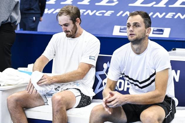 US Robert Galloway and Kazach Aleksandr Nedovyesov look dejected after losing a tennis match in the finals of the doubles competition at the ATP, Tennis Herren European Open Tennis tournament in Antwerp, Sunday 20 October 2024. TOM GOYVAERTS TomxGoyvaerts  x103096670x