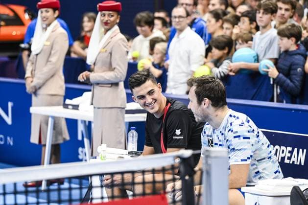 Austrian Alexander Erler and Austrian Lucas Miedler pictured after a tennis match in the finals of the doubles competition at the ATP, Tennis Herren European Open Tennis tournament in Antwerp, Sunday 20 October 2024. TOM GOYVAERTS TomxGoyvaerts  x103096720x