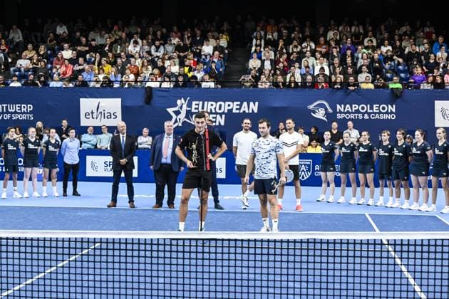 Austrian Alexander Erler and Austrian Lucas Miedler celebrate winning a tennis match in the finals of the doubles competition at the ATP, Tennis Herren European Open Tennis tournament in Antwerp, Sunday 20 October 2024. TOM GOYVAERTS TomxGoyvaerts  x103096741x