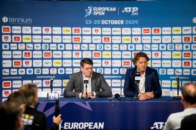 CEO Tennium, Kristoff Puelinckx and European Open tournament director Dick Norman pictured during a press conference, PK, Pressekonferenz at the ATP, Tennis Herren European Open Tennis tournament in Antwerp, Sunday 20 October 2024. JASPERxJACOBS  x103097086x