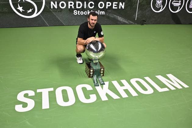 STOCKHOLM, SWEDEN 20241020 Tommy Paul, USA, with the trophy after winning the singles final against Grigor Dimitrov, Bulgaria, during the BNP Paribas Nordic Open tennis tournament at the Kungliga tennishallen STOCKHOLM SWEDEN x10090x  Copyright: xClaudioxBresciani TTx TENNIS NORDIC OPEN 2024 SINGELFINAL