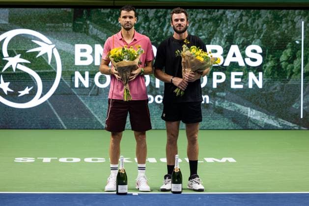 241020 Second place Grigor Dimitrov of Bulgaria and winner Tommy Paul of the United States after the men™s final on day 9 of the ATP 250 Nordic Open on October 20, 2024 in Stockholm Photo Michael Campanella BILDBYRAN COP 313 MC0109 tennis atp 250 nordic open day 9 finals bbeng  Copyright: MICHAELxCAMPANELLA BB241020MC062
