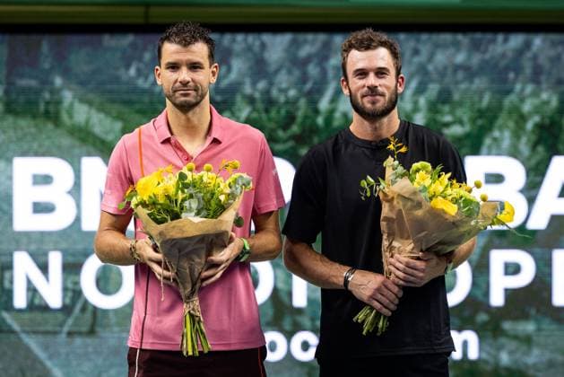 241020 Second place Grigor Dimitrov of Bulgaria and winner Tommy Paul of the United States after the men™s final on day 9 of the ATP 250 Nordic Open on October 20, 2024 in Stockholm Photo Michael Campanella BILDBYRAN COP 313 MC0109 tennis atp 250 nordic open day 9 finals bbeng  Copyright: MICHAELxCAMPANELLA BB241020MC063
