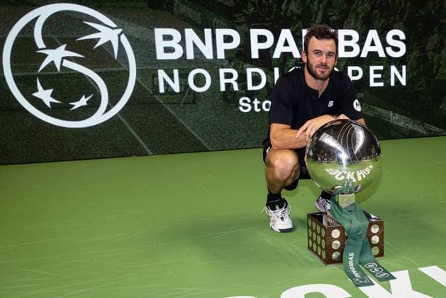 241020 Tommy Paul of the United States poses for a picture with the winner™s trophy after the men™s final on day 9 of the ATP 250 Nordic Open on October 20, 2024 in Stockholm Photo Michael Campanella BILDBYRAN COP 313 MC0109 tennis atp 250 nordic open day 9 finals bbeng  Copyright: MICHAELxCAMPANELLA BB241020MC068