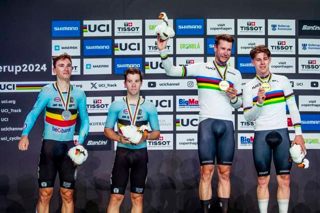 241020 Lindsay de Vylder of Belgium, Fabio van den Bossche of Belgium, Roger Kluge of Germany and Tim Torn Teutenberg of Germany celebrates after Mens Madison during day 5 of the 2024 UCI Tissot Track Cycling World Championships on October 20, 2024 in Ballerup Photo Christian Örnberg BILDBYRAN COP 166 CO0482 cykling cycling sykling cykel vm cykel2024 uci tissot track cycling world championships wc 2024 uci tissot track cycling world championships 5 bbeng grappa33 jubel  Copyright: CHRISTIANxÖRNBERG BB241020CO051