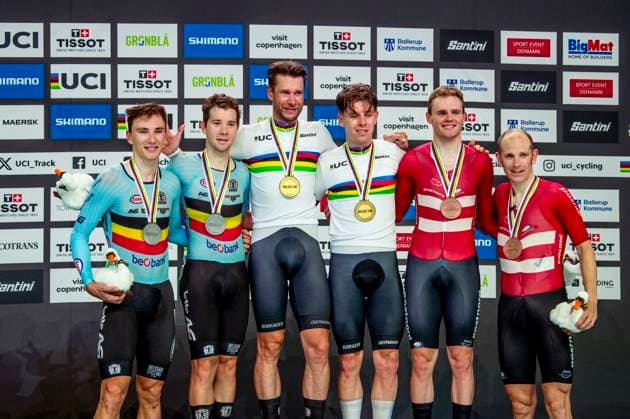 241020 Lindsay de Vylder of Belgium, Fabio van den Bossche of Belgium, Roger Kluge of Germany, Tim Torn Teutenberg of Germany, Niklas Larsen of Denmark and Michael Morkov of Denmark celebrates after Men s Madison during day 5 of the 2024 UCI Tissot Track Cycling World Championships on October 20, 2024 in Ballerup Photo Christian Örnberg BILDBYRAN COP 166 CO0482 cykling cycling sykling cykel vm cykel2024 uci tissot track cycling world championships wc 2024 uci tissot track cycling world championships 5 bbeng grappa33 jubel  Copyright: CHRISTIANxÖRNBERG BB241020CO052