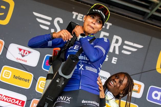 Dutch Ceylin Del Carmen Alvarado celebrates on the podium after winning the women elite race of the Cyclocross Ruddervoorde, Sunday 20 October 2024 in Oostkamp, the first stage of the Superprestige cyclocross cycling competition. KURTxDESPLENTER  x103109016x