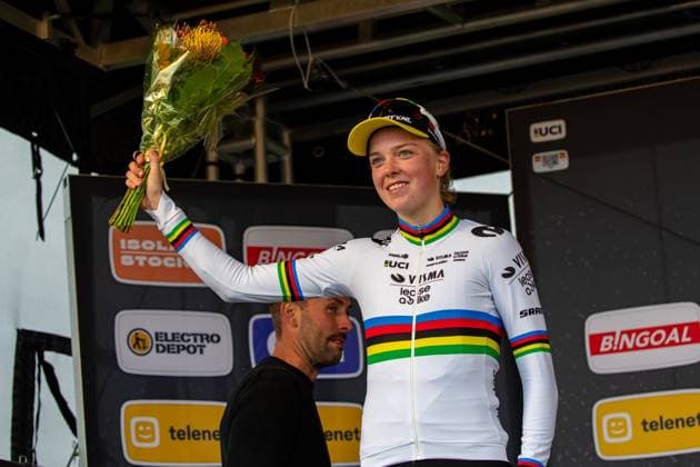 Dutch Fem Van Empel celebrates on the podium after the women elite race of the Cyclocross Ruddervoorde, Sunday 20 October 2024 in Oostkamp, the first stage of the Superprestige cyclocross cycling competition. KURTxDESPLENTER  x103109173x