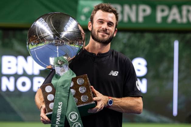 241020 Tommy Paul of the United States with the trophy after the men™s final on day 9 of the ATP 250 Nordic Open on October 20, 2024 in Stockholm Photo Michael Campanella BILDBYRAN COP 313 MC0109 tennis atp 250 nordic open day 9 finals bbeng  Copyright: MICHAELxCAMPANELLA BB241020MC067