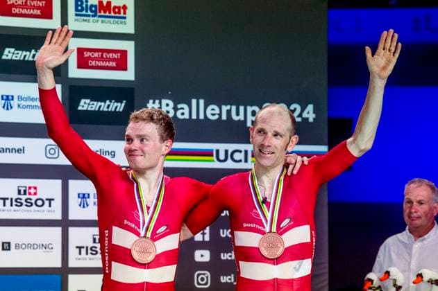 241020 Niklas Larsen of Denmark and Michael Morkov of Denmark celebrates after Mens Madison during day 5 of the 2024 UCI Tissot Track Cycling World Championships on October 20, 2024 in Ballerup Photo Christian Örnberg BILDBYRAN COP 166 CO0482 cykling cycling sykling cykel vm cykel2024 uci tissot track cycling world championships wc 2024 uci tissot track cycling world championships 5 bbeng grappa33  Copyright: CHRISTIANxÖRNBERG BB241020CO092