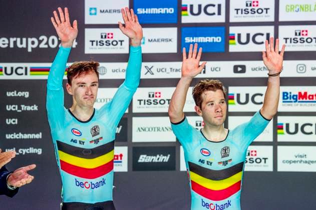 241020 Lindsay de Vylder of Belgium and Fabio van den Bossche of Belgium celebrates after Mens Madison during day 5 of the 2024 UCI Tissot Track Cycling World Championships on October 20, 2024 in Ballerup Photo Christian Örnberg BILDBYRAN COP 166 CO0482 cykling cycling sykling cykel vm cykel2024 uci tissot track cycling world championships wc 2024 uci tissot track cycling world championships 5 bbeng grappa33 jubel  Copyright: CHRISTIANxÖRNBERG BB241020CO098