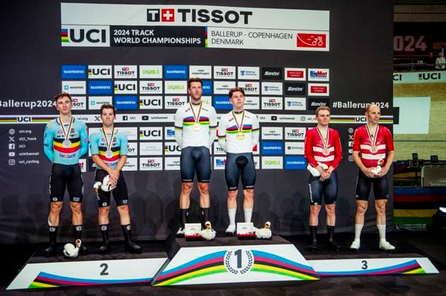 241020 Lindsay de Vylder of Belgium, Fabio van den Bossche of Belgium, Roger Kluge of Germany, Tim Torn Teutenberg of Germany, Niklas Larsen of Denmark and Michael Morkov of Denmark celebrates after Men s Madison during day 5 of the 2024 UCI Tissot Track Cycling World Championships on October 20, 2024 in Ballerup Photo Christian Örnberg BILDBYRAN COP 166 CO0482 cykling cycling sykling cykel vm cykel2024 uci tissot track cycling world championships wc 2024 uci tissot track cycling world championships 5 bbeng grappa33 jubel  Copyright: CHRISTIANxÖRNBERG BB241020CO102