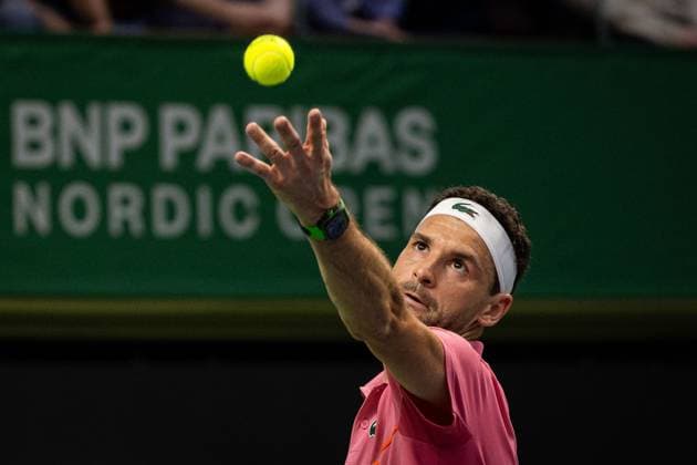 241020 Grigor Dimitrov of Bulgaria competes during the men™s final on day 9 of the ATP 250 Nordic Open on October 20, 2024 in Stockholm Photo Michael Campanella BILDBYRAN COP 313 MC0109 tennis atp 250 nordic open day 9 finals bbeng  Copyright: MICHAELxCAMPANELLA BB241020MC105