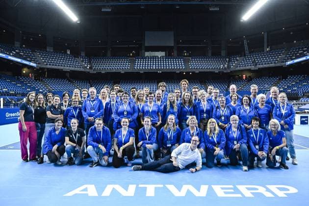 Organizers and volunteers pictured after a tennis match in the finals of the singles competition at the ATP, Tennis Herren European Open Tennis tournament in Antwerp, Sunday 20 October 2024. TOM GOYVAERTS TomxGoyvaerts  x103113717x