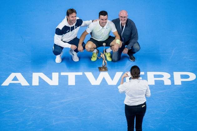 Spanish Roberto Bautista-Agut celebrates after winning a tennis match in the finals of the singles competition at the ATP, Tennis Herren European Open Tennis tournament in Antwerp, Sunday 20 October 2024. JASPERxJACOBS  x103113772x