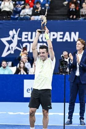 Spanish Roberto Bautista-Agut celebrates after winning a tennis match in the finals of the singles competition at the ATP, Tennis Herren European Open Tennis tournament in Antwerp, Sunday 20 October 2024. TOM GOYVAERTS TomxGoyvaerts  x103114447x