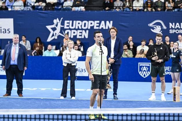 Spanish Roberto Bautista-Agut celebrates after winning a tennis match in the finals of the singles competition at the ATP, Tennis Herren European Open Tennis tournament in Antwerp, Sunday 20 October 2024. TOM GOYVAERTS TomxGoyvaerts  x103115202x