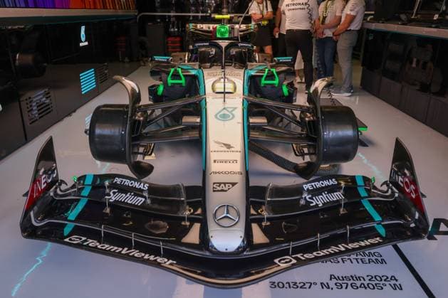 AUSTIN, TX - OCTOBER 20: The car of Mercedes AMG Petronas F1 Team driver Lewis Hamilton (44) of the United Kingdom sits in the garage before the Formula 1 Pirelli United States Grand Prix on October 20, 2024, at Circuit of The Americas in Austin, Texas. (Photo by David Buono Icon Sportswire) AUTO: OCT 20 F1 Pirelli United States Grand Prix EDITORIAL USE ONLY Icon2410200551
