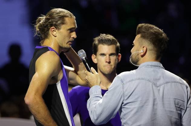 TENNIS - ATP, Tennis Herren Erste Bank Open, Super Sunday VIENNA,AUSTRIA,20.OCT.24 - TENNIS - ATP World Tour, Erste Bank Open, Super Sunday, Farewell Party Dominic Thiem. Image shows Alexander Zverev (GER) and Dominic Thiem (AUT). Keywords: interview.  GEPAxpictures xWalterxLuger
