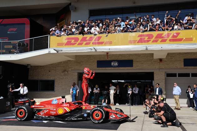 Charles Leckerc MON winner with helmet stands on his Ferrari SF 24 16 and celebrates his victory, Parc ferme, Formula 1 Pirelli Grand Prix, FIA F1 World Championship, Circuit of America, Austin Texas, 20 10 2024, USA,