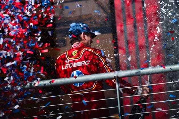 LECLERC Charles (mco), Scuderia Ferrari SF-24, portrait podium celebration during the Formula 1 Pirelli United States Grand Prix 2024, 19th round of the 2024 Formula One World Championship, WM, Weltmeisterschaft from October 18 to 20, 2024 on the Circuit of the Americas, in Austin, United States of America - F1 - US GRAND PRIX 2024 DPPI Panoramic  241020_R19_USA_DP_EA024502