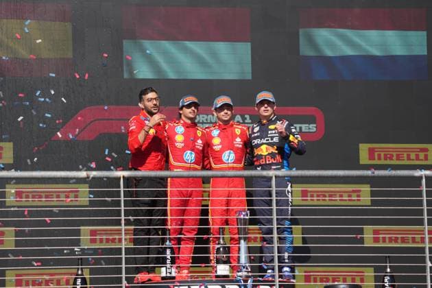 20 10 2024, Circuit of The Americas, Austin, FORMULA 1 PIRELLI UNITED STATES GRAND PRIX 2024 ,in the picture winner Charles Leclerc MCO , Scuderia Ferrari HP, 2nd place for Carlos Sainz Jr ESP , 3rd place for Max Verstappen NLD , Oracle Red Bull Racing Photo by Hasan Bratic DeFodi Images not used in POL SRB CRO FRA GBR NED ITA USA Defodi 506 20241020 hbr 2952 Defodi-506 not used in POL SRB CRO FRA GBR NED ITA USA