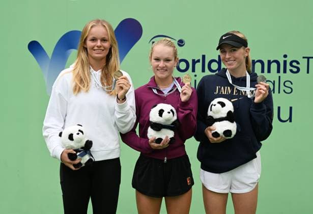2024 ITF World Tennis Tour Junior Finals Chengdu , China Girls from left ,Jeline Vandromme BEL Bronze , Emerson Jones AUS Gold, Laura Samson CZE Silver