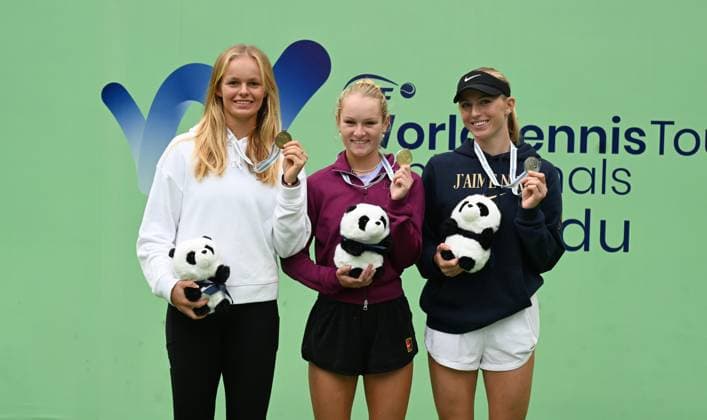 2024 ITF World Tennis Tour Junior Finals Chengdu , China Girls from left ,Jeline Vandromme BEL Bronze , Emerson Jones AUS Gold, Laura Samson CZE Silver