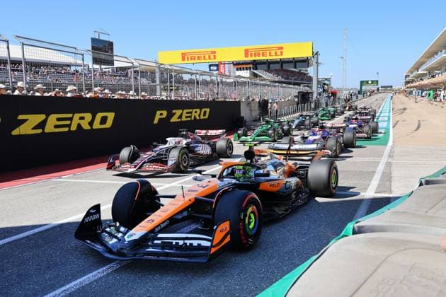Lando Norris GBR McLaren MCL38 4 is first at the lights to pit for the grid for the race, Formula 1 Pirelli Grand Prix, FIA F1 World Championship, Circuit of America, Austin Texas, 20 10 2024, USA,
